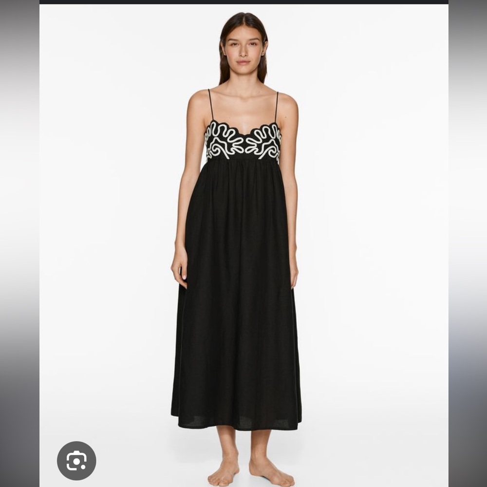 Oysho Black Maxi Dress with White Embroidery